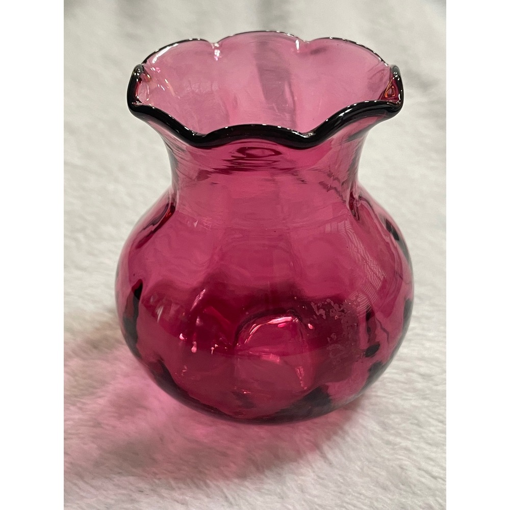 Optic Rib Vase: Vintage Cranberry Glass, Ruffled Edge, Blown Glass 3" tall
